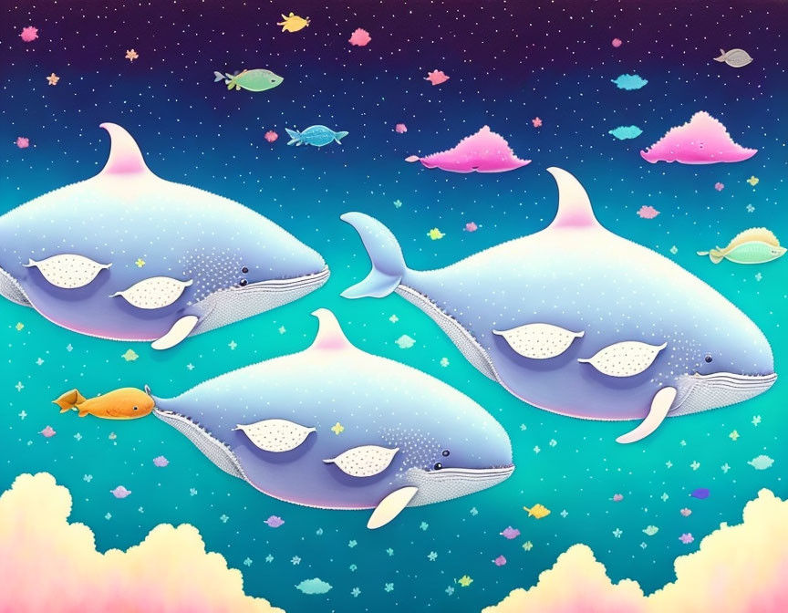 Fantastical whales flying among stars and planets in colorful illustration