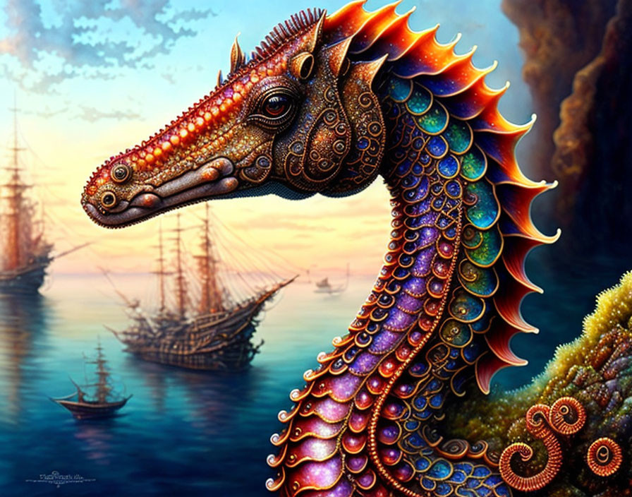 Colorful sea dragon with intricate scales and fiery mane among tall ships on calm sunset sea.