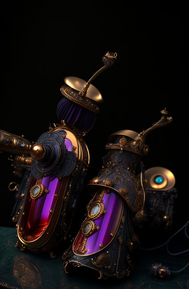 Steampunk-style robots with metallic bodies and intricate purple and gold designs