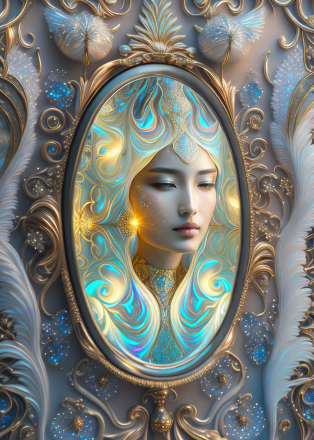 Golden Baroque-style Frame Surrounds Serene Woman Portrait