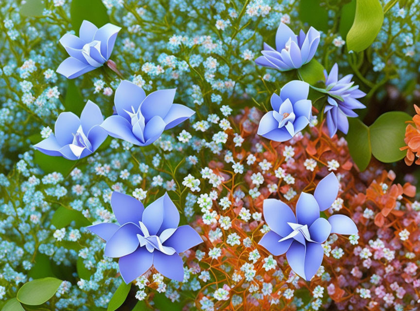 Colorful faux blue origami flowers with real white and orange blossoms and green foliage display.