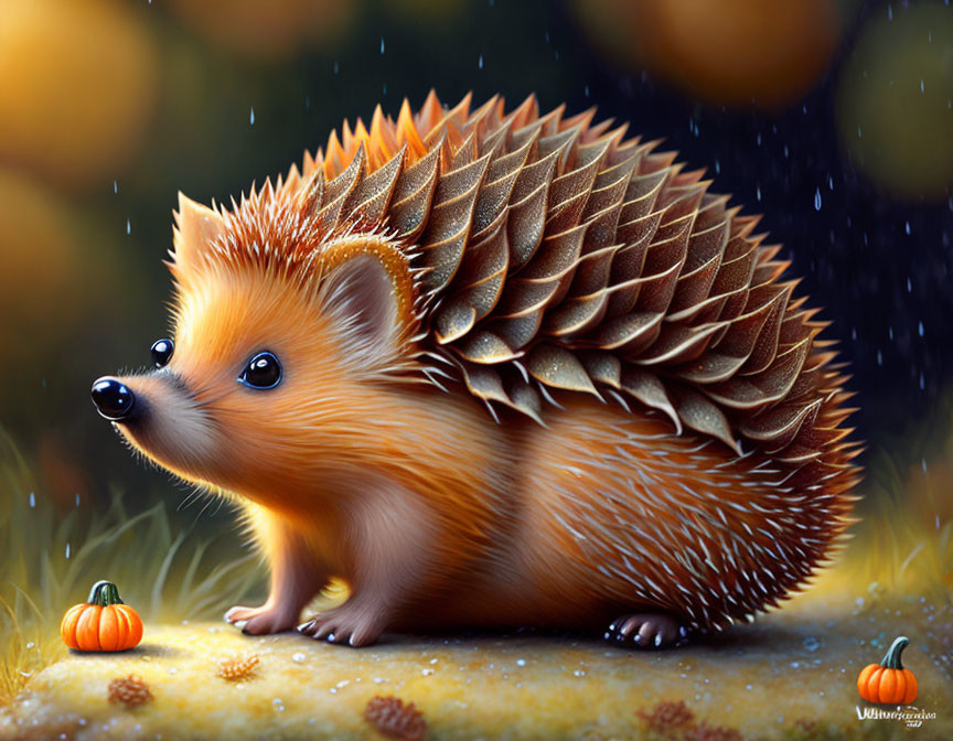 Illustration of cute hedgehog with pumpkins in forest setting