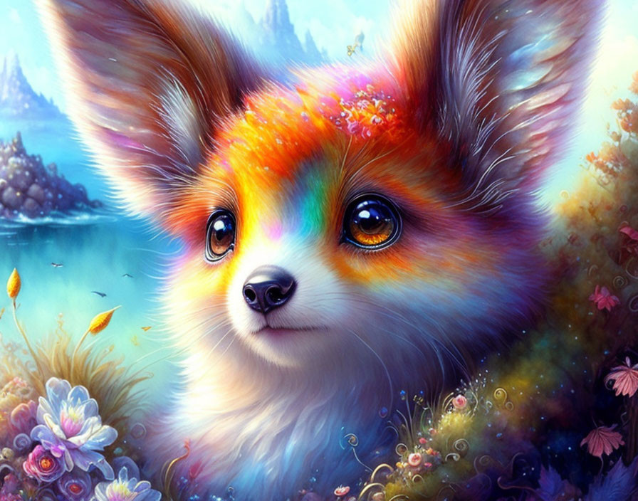 Whimsical fox illustration in vibrant floral landscape