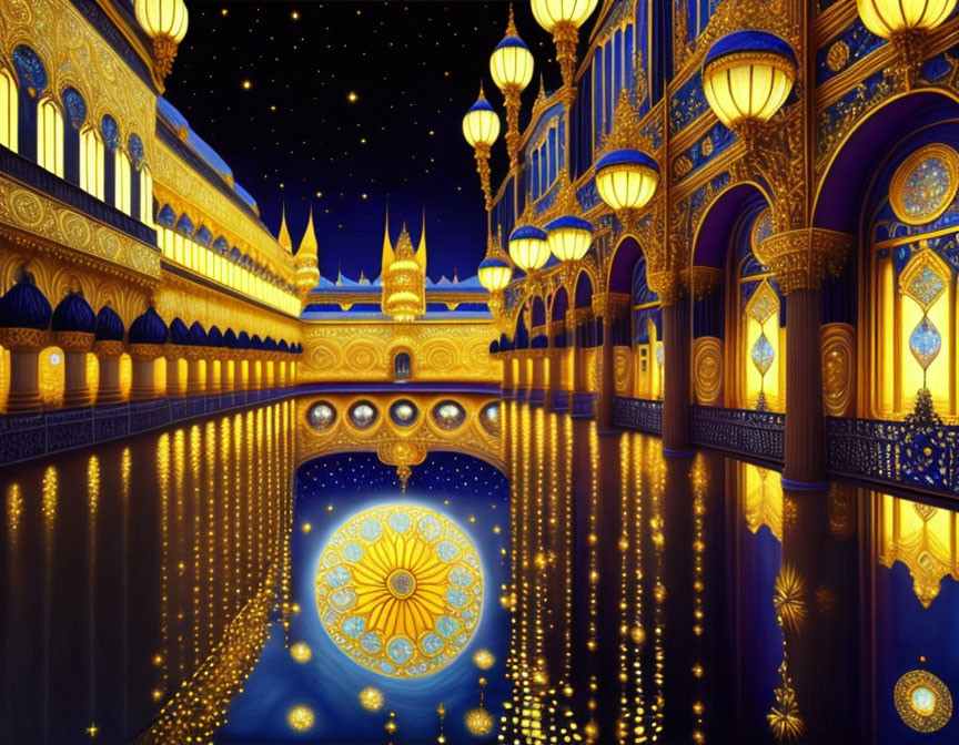 Opulent palace with golden architecture and lanterns under starry night sky