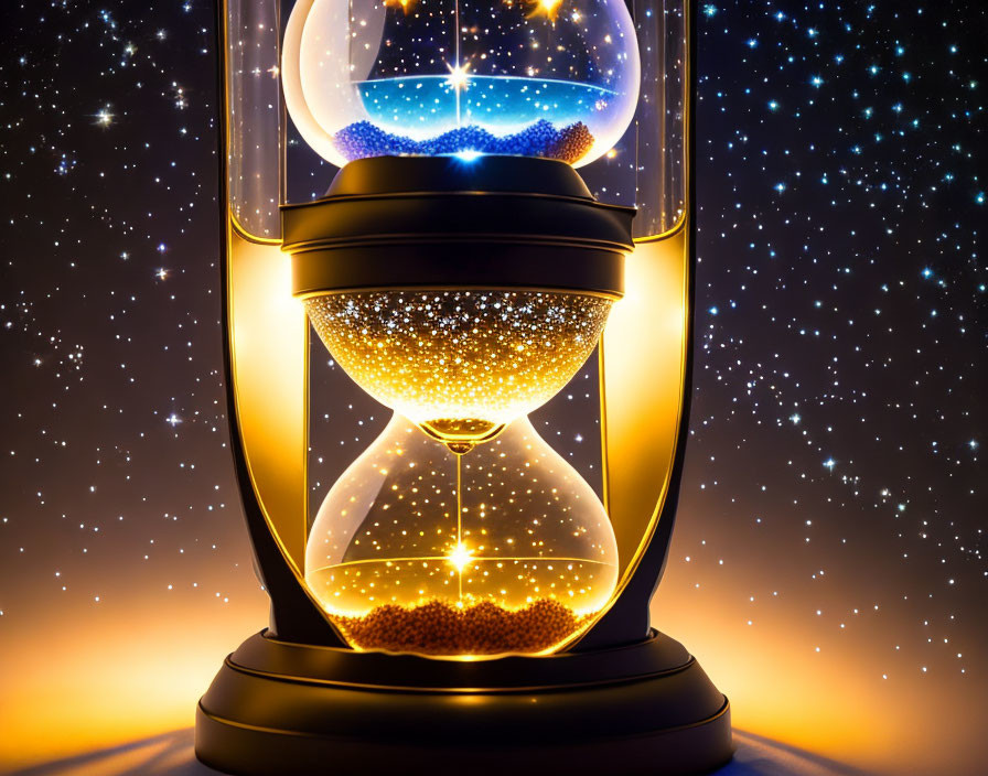 Illuminated hourglass with cascading sand on starry backdrop