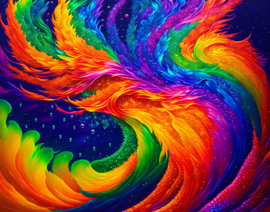 Abstract Rainbow Swirl on Deep Blue Background: Cosmic Galaxy Interpretation