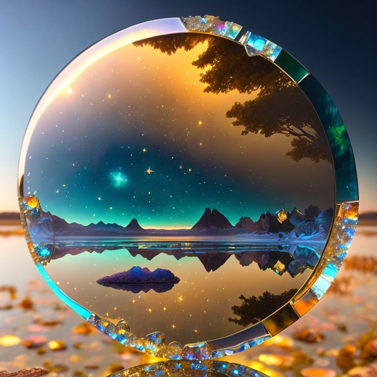 Crystal ball shows serene landscape with trees, mountains, starry sky by lakeside