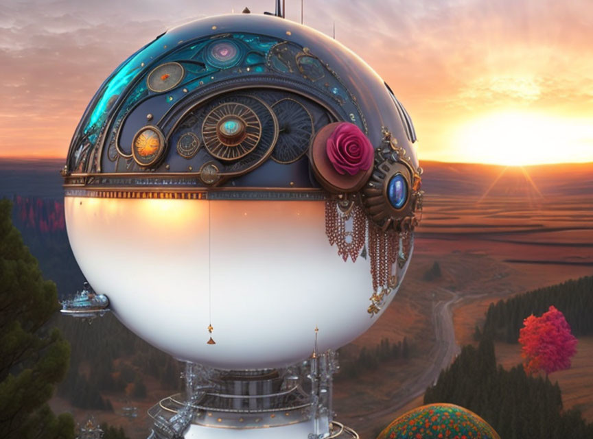 Intricately designed fantastical airship over sunrise landscape