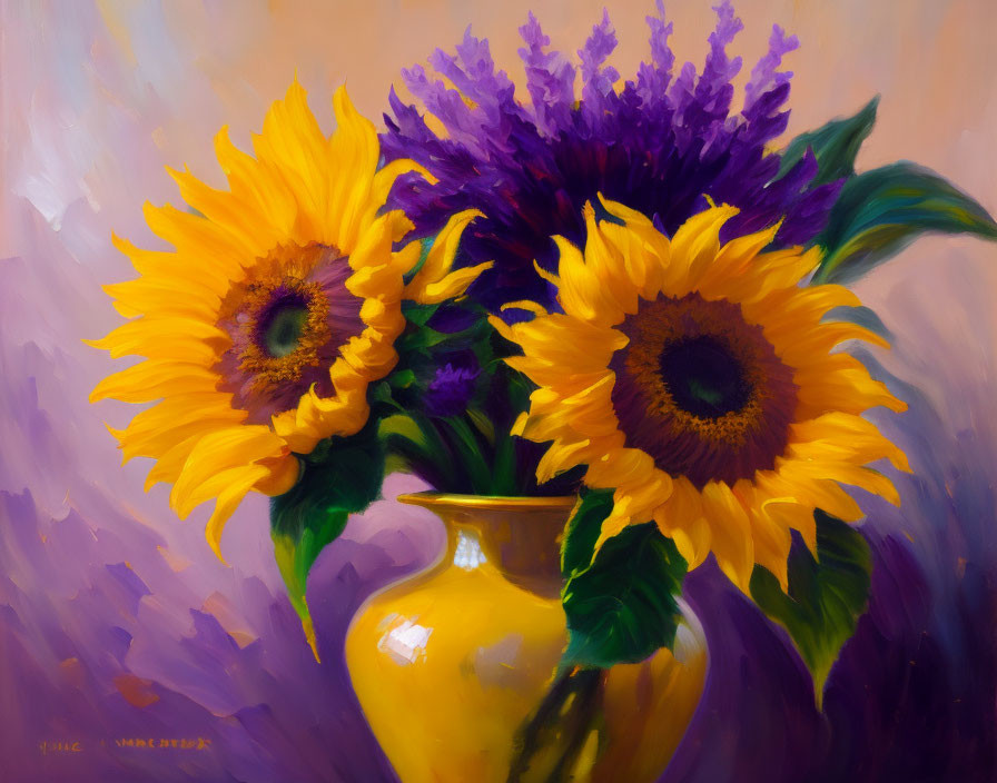 Vibrant yellow sunflowers and purple flowers in a yellow vase on soft purple background