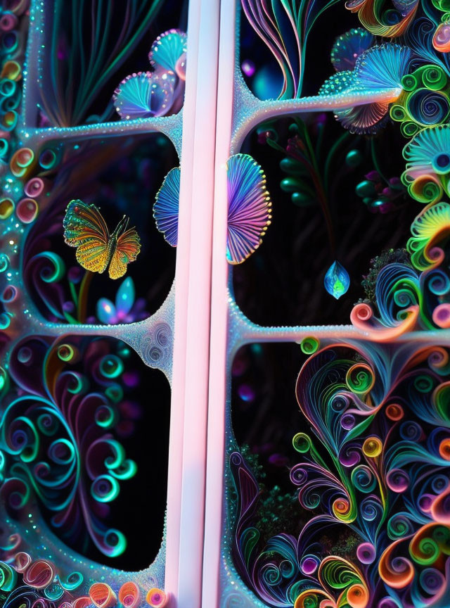 Colorful Neon Butterfly in Fractal Fantasy Scene