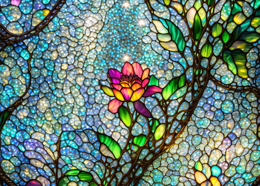 Colorful Stained Glass Window with Lotus Flower & Mosaic Patterns