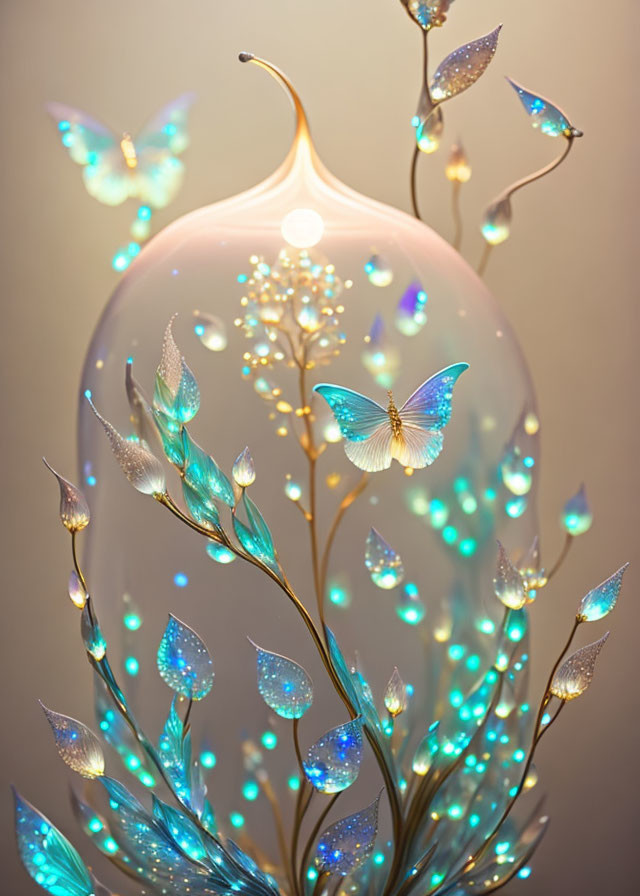 Luminescent glass sculpture with butterfly motifs and glowing botanical elements