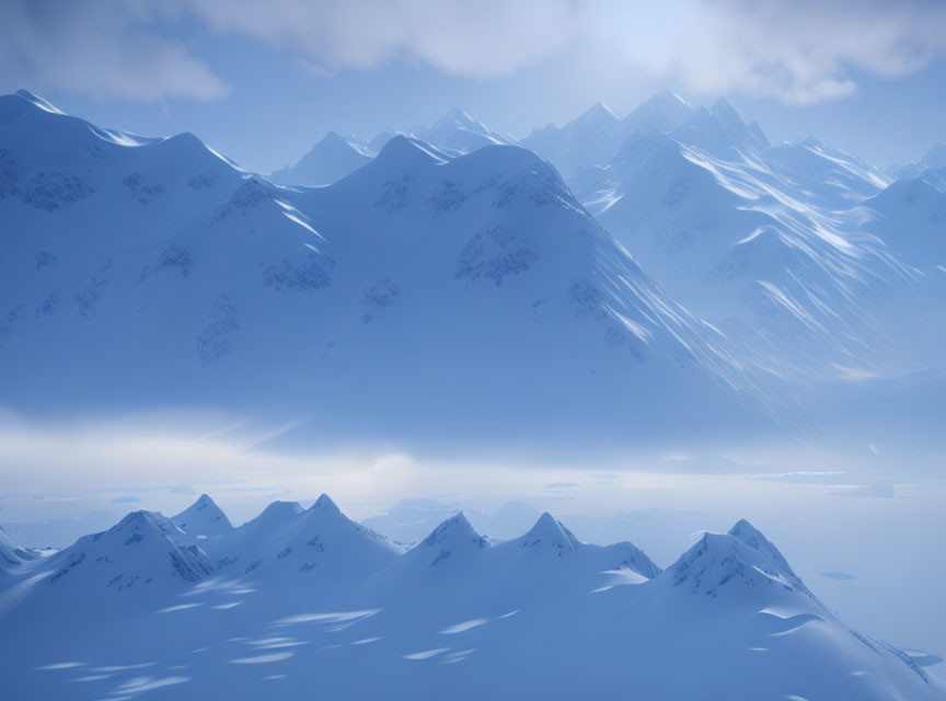 Snow-covered mountain range under soft light and clear skies