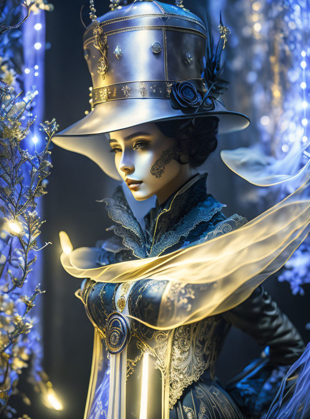 Fantastical figure in ornate costume with oversized hat, glowing lights and delicate branches