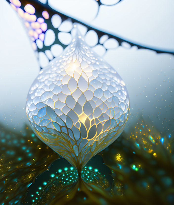 Intricately patterned droplet on spiderweb with blue and golden bokeh.