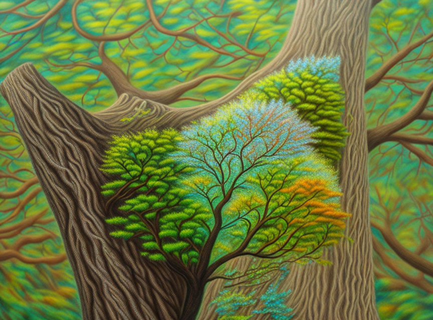 Surreal painting: Tree with nested canopy in forest landscape