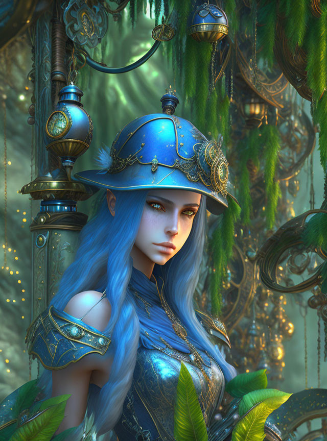 Digital artwork: Woman with blue hair in ornate armor among lush greenery, lanterns, and