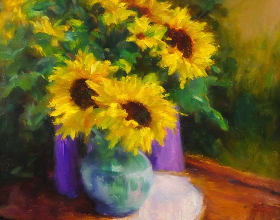 Vibrant Sunflowers in Purple Vase: Bold Brushstrokes & Warm Palette