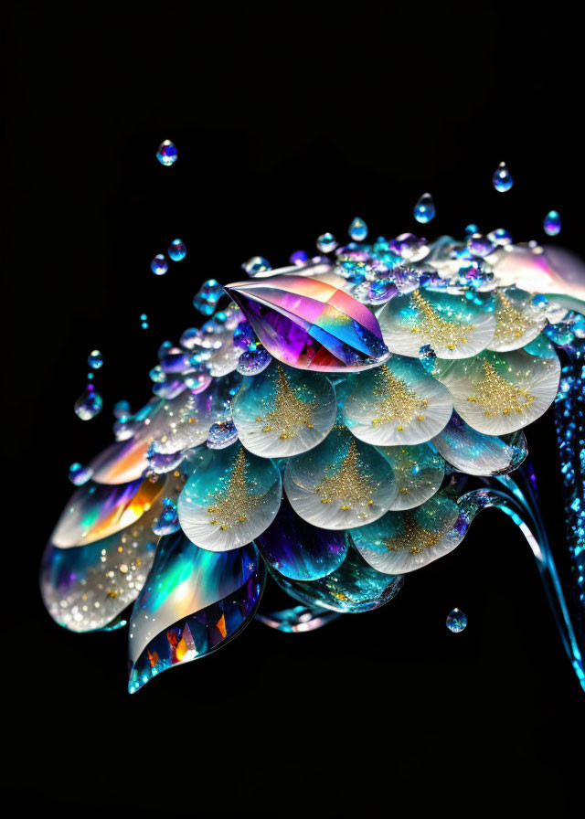 Colorful Abstract Composition: Iridescent Petals and Water Droplets on Dark Background