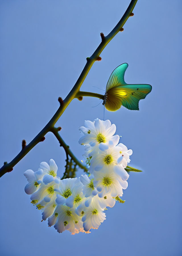 Colorful Butterfly on Branch with White Flowers in Blue Sky