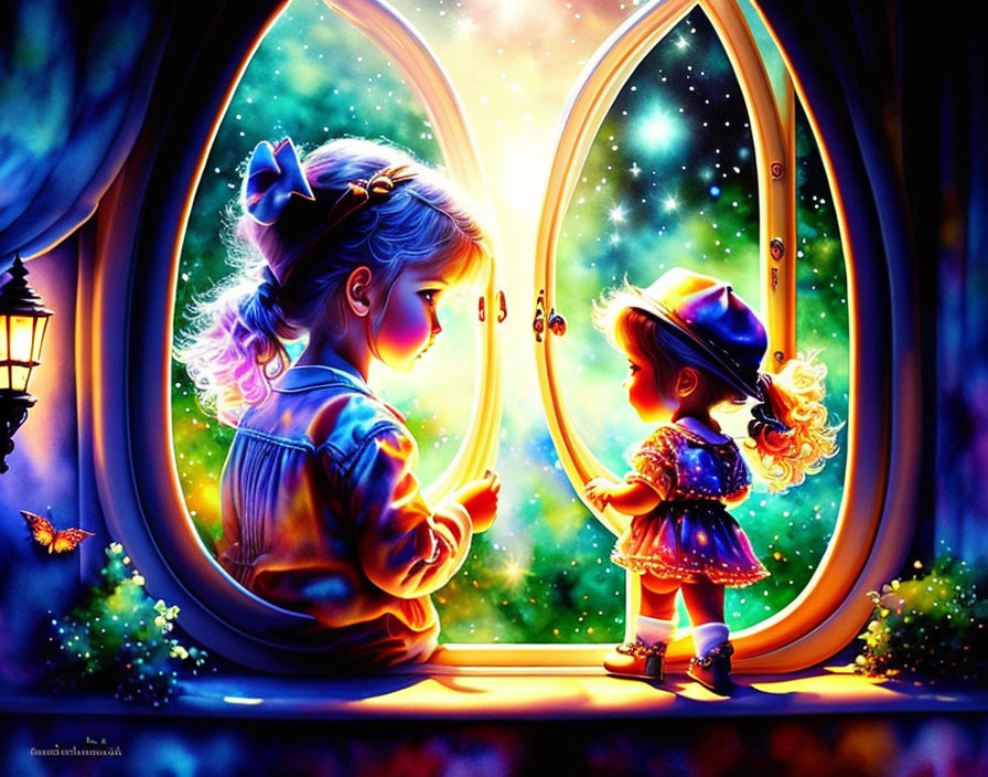 Two children looking out round window at night sky with lantern and butterfly.
