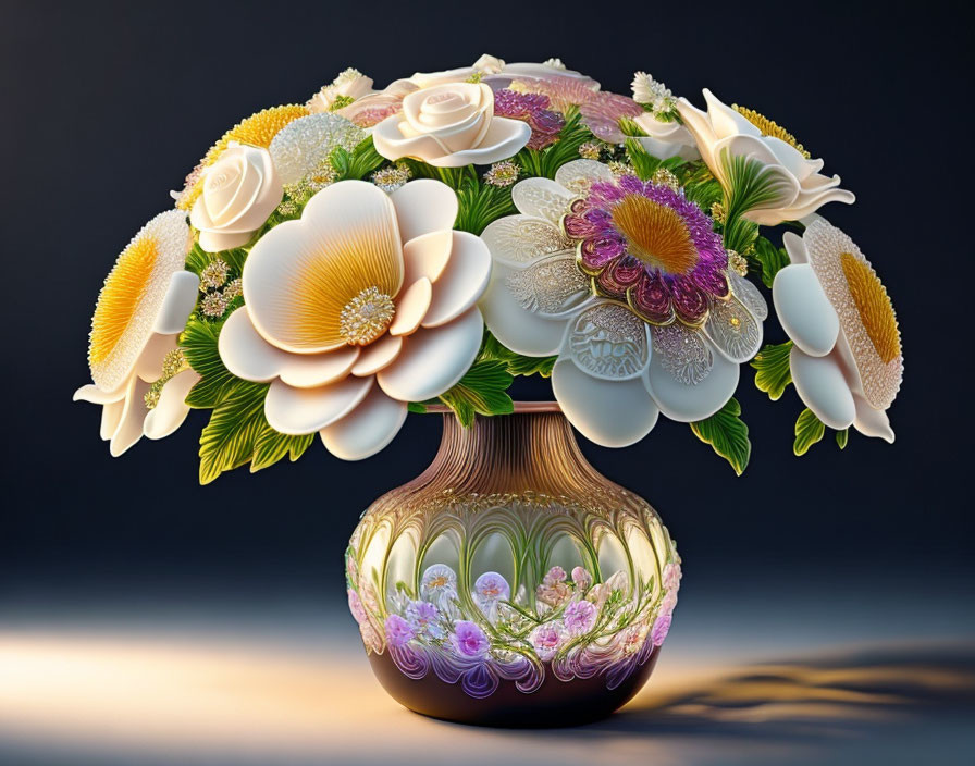 Colorful Stylized Flower Bouquet in Decorated Vase on Dark Background