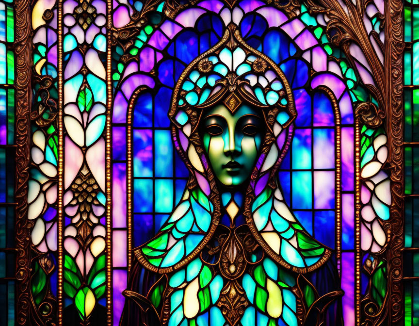 Colorful Stained Glass Art: Art Nouveau Style Female Figure in Ornate Design