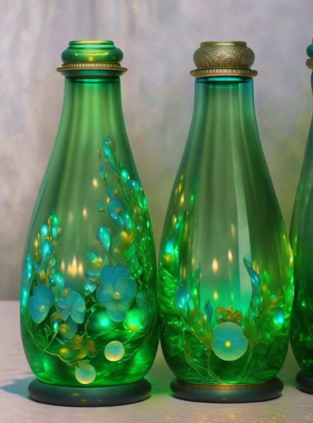 Green Glass Bottles with Floral Motifs Emitting Warm Glow