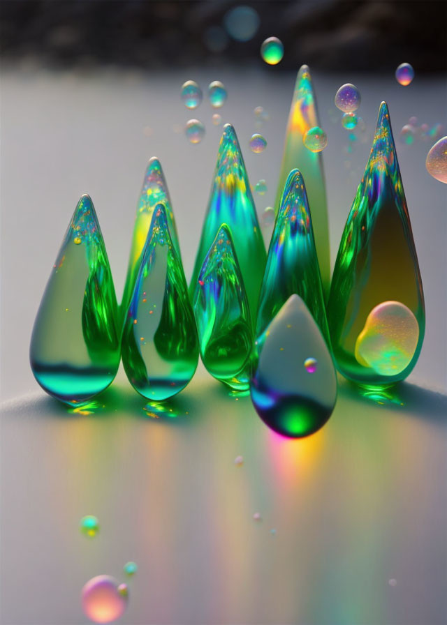 Vibrant iridescent water droplets on neutral backdrop