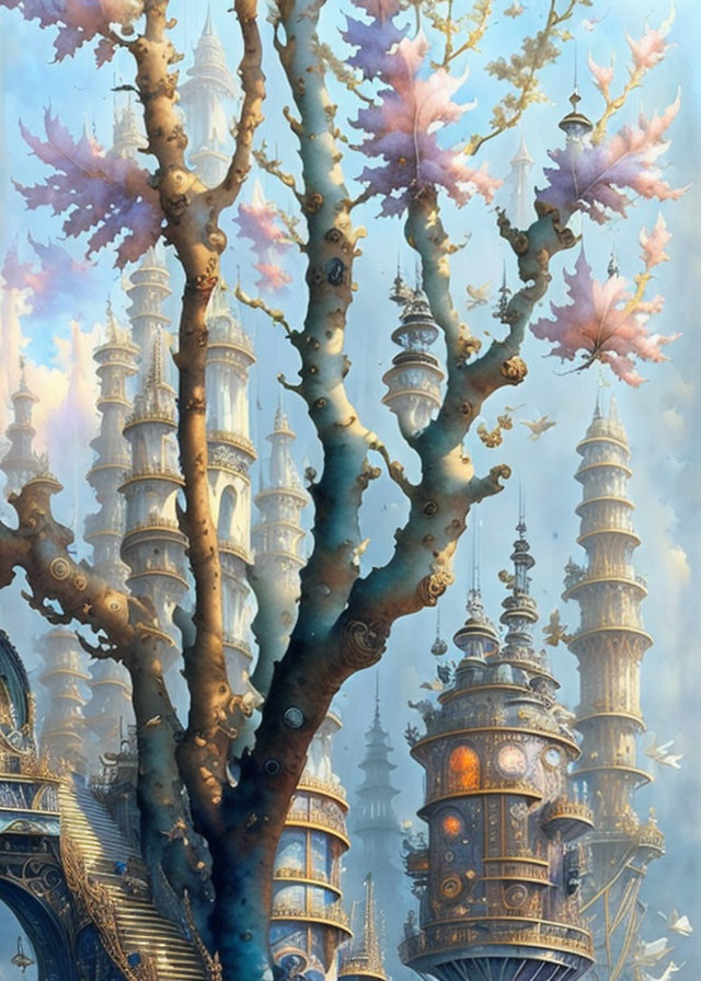 Ethereal fantasy cityscape with ornate spires and magical tree