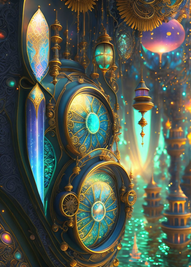 Fantastical glowing clock surrounded by lanterns and intricate architecture