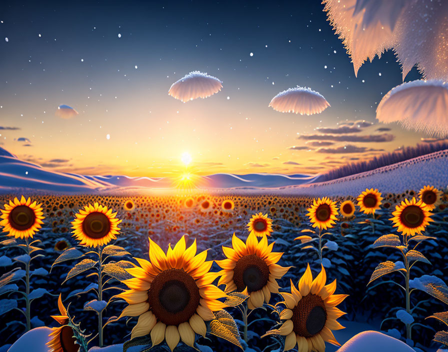 Surreal sunrise landscape with sunflowers, snow-covered fields, and floating jellyfish-like entities