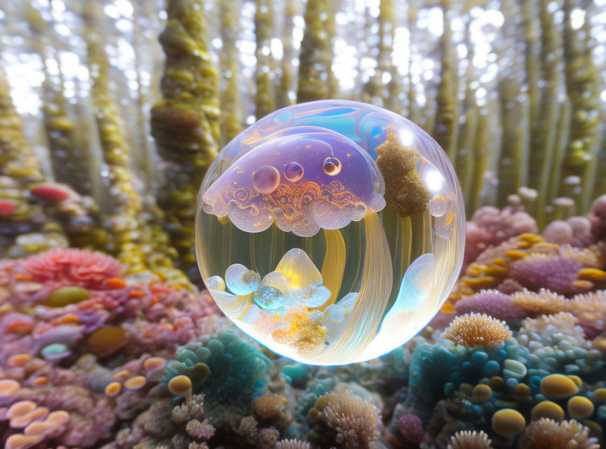 Iridescent Bubble Above Vibrant Coral Reef