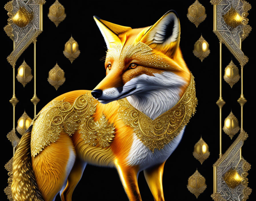 Golden-decorated fox with ornamental patterns on black background and torch-like elements