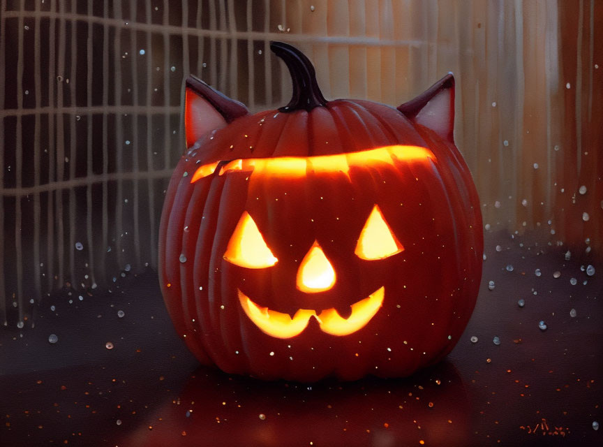 Cat-eared jack-o'-lantern by rain-splattered window emits eerie glow