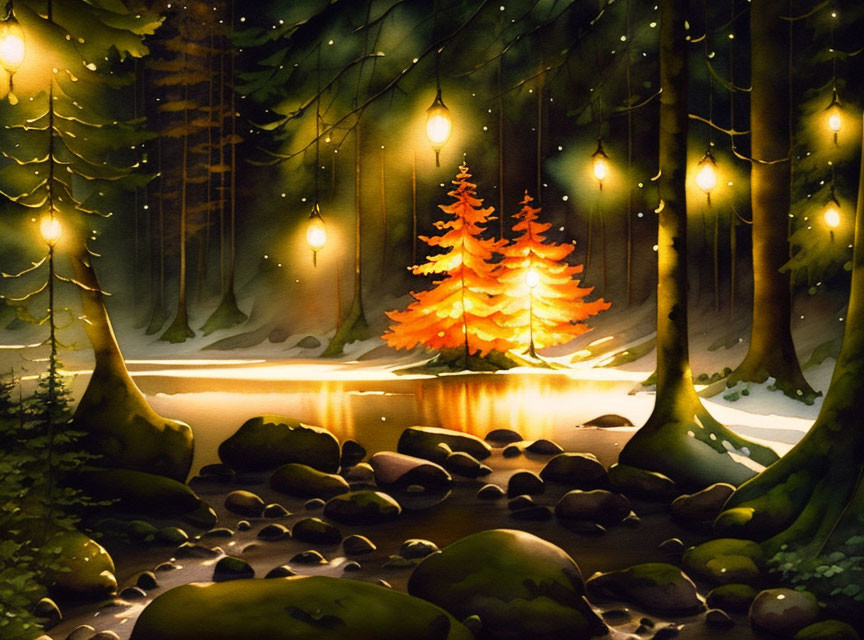 Vibrant orange tree in serene snowy forest with hanging lanterns