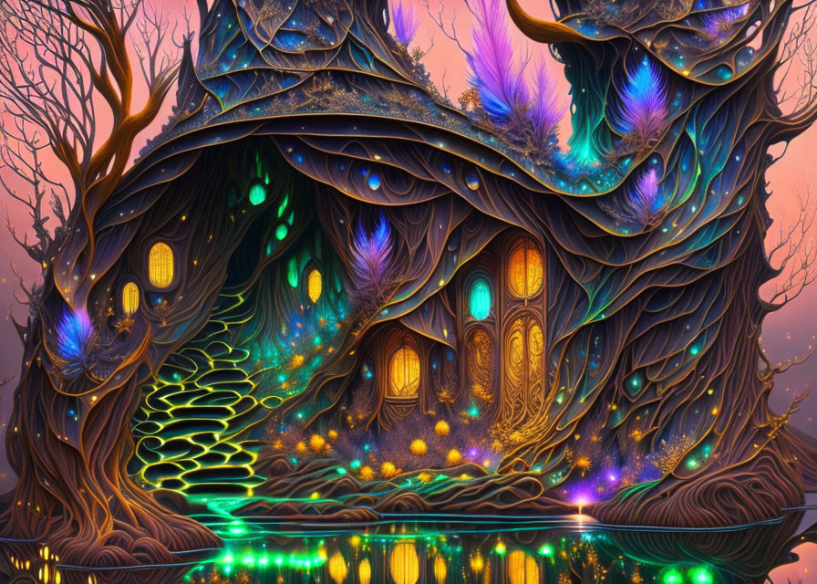 Enchanted treehouse illustration with peacock feather motifs