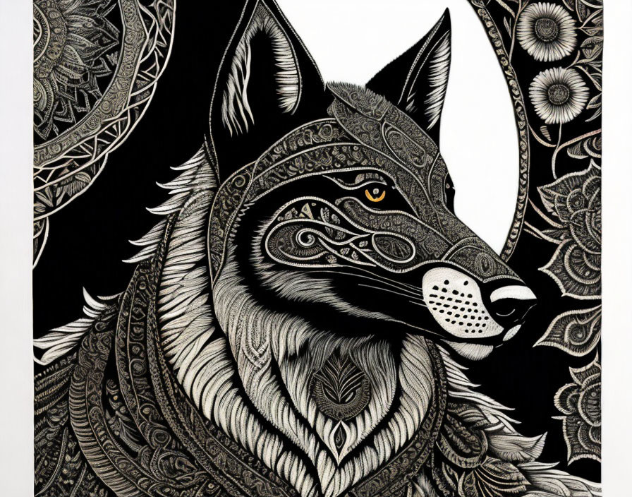 Detailed black and white wolf illustration with intricate mandala background