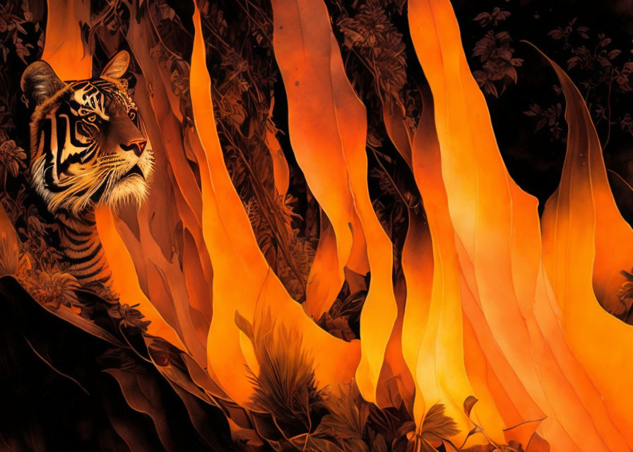 Tiger illustration in fiery orange and black theme