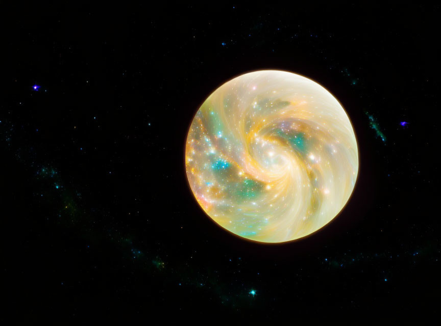 Swirling yellow and blue galaxy in space with stars