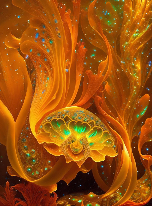 Colorful fractal art: Blooming flower in orange, gold, and green hues