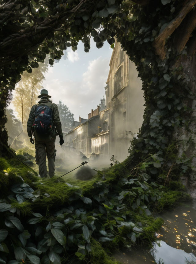 Adventurer with backpack and hat at foggy, overgrown building.