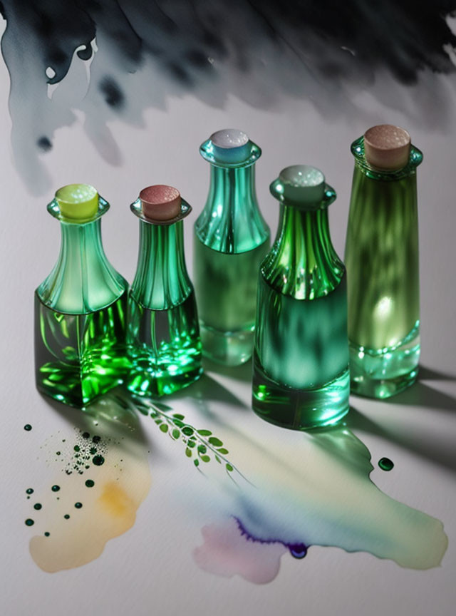 Green glass bottles with cork stoppers on colorful ink splatters.