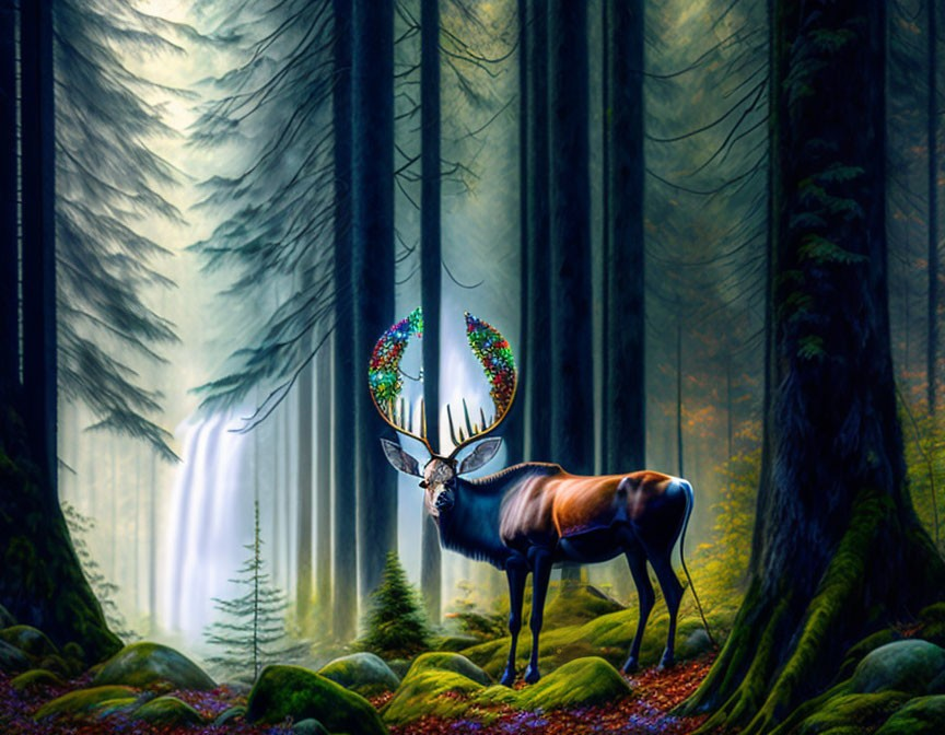 Colorful floral wreath adorned majestic deer in mystical forest with sunrays.