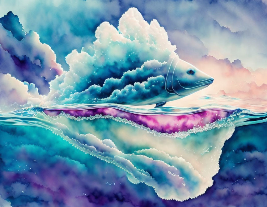 Surreal Fish Illustration with Cloud and Wave Elements