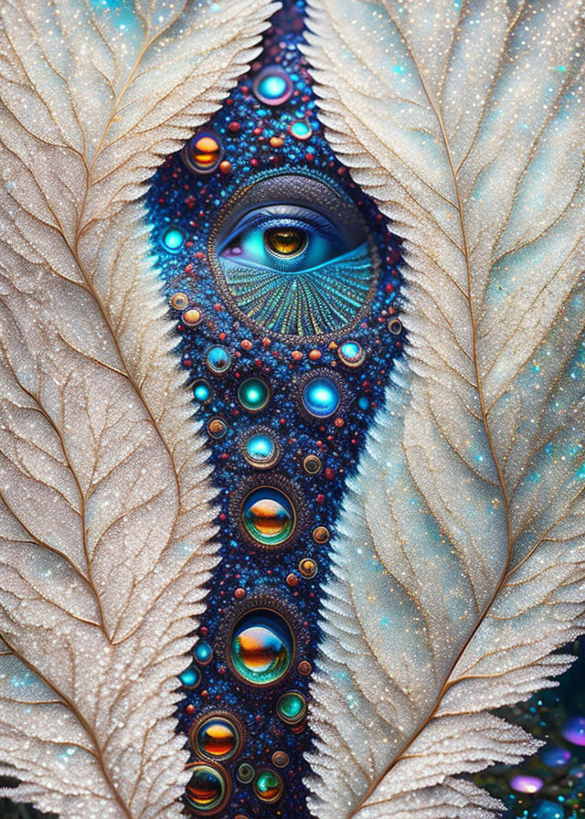 Colorful peacock feather with eye design and intricate patterns on white foliage.