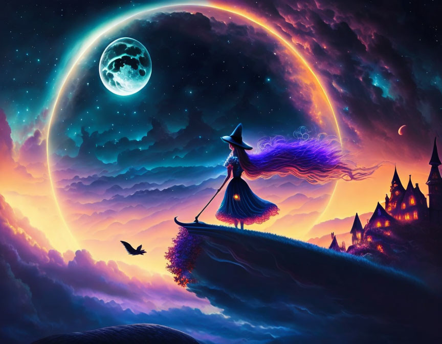 Witch under starry sky with crescent moon and castle view