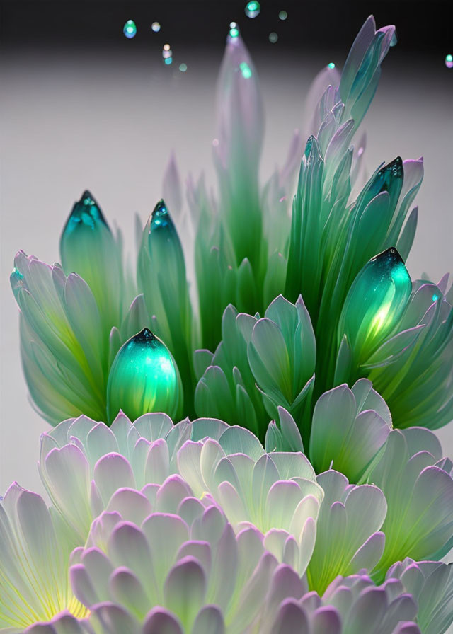 Teal and Green Luminescent Plant Forms on Gradient Background