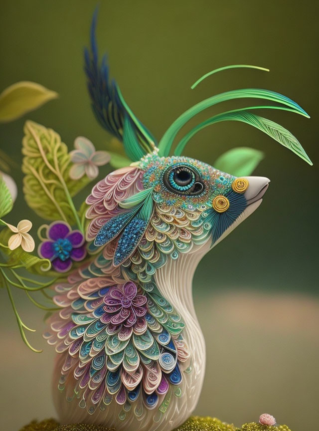 Colorful Bird Illustration with Decorative Feathers in Blue, Green, and Purple