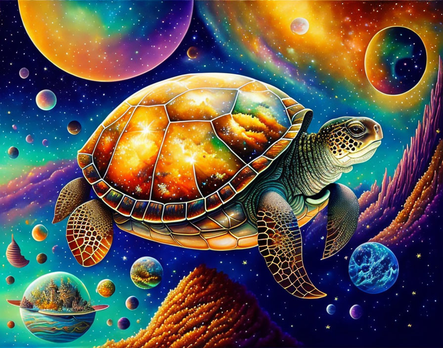 Colorful Cosmic Turtle Swimming Among Planets in Space